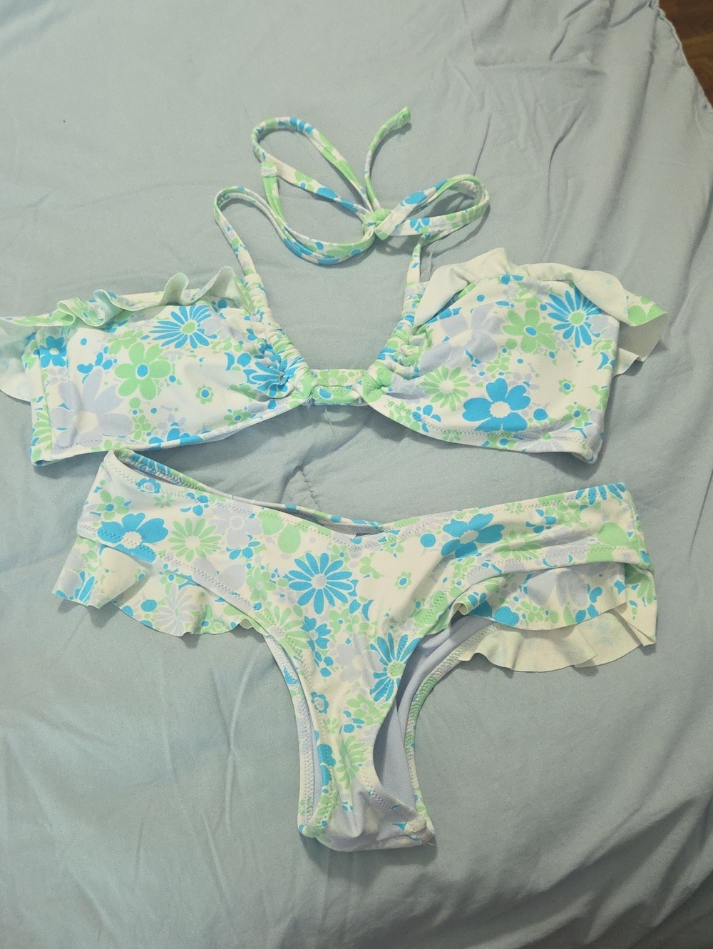 aerie Floral Ruffle Bikini in Blue, Green, White               SM BOTTOMS.LG TOP